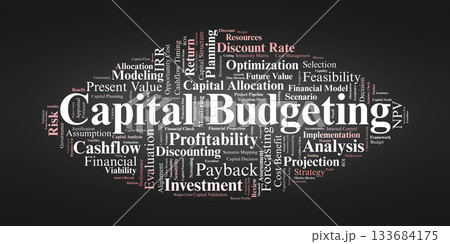 Capital Budgeting Word Cloud. A detailed collection of essential terms highlighting long term investment decisions, financial evaluation methods, cashflow forecasting, and strategic resource 133684175