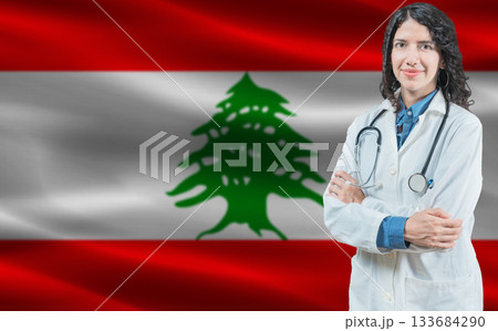 Lebanese medicine and healthcare concept. Doctor close up against Lebanon flag background Lebanese medicine and healthcare concept. Doctor close up against Lebanon flag background 133684290