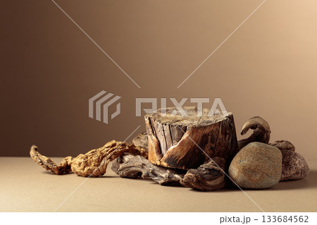 Composition with natural wooden snags on a beige background. Composition with natural wooden snags on a beige background. 133684562