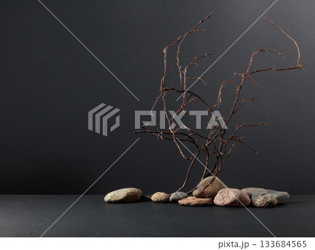 An intricately entwined branches and smooth stones against a black background. 133684565