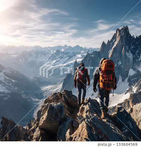 朝日に照らされた高山を歩く冒険的なトレッキング 133684569