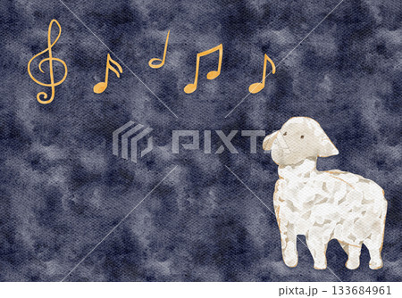 Lamb with musical notes, treble clef above. Watercolor horizontal composition on textured blue background. Perfect for children themes, cards, nursery decor, lullaby design, packaging, projects. 133684961