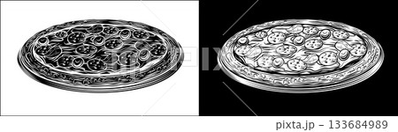 Vintage Woodcut Style Pizza with Toppings Artwork Vintage Woodcut Style Pizza with Toppings Artwork 133684989