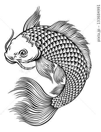 Koi Carp Fish Vintage Japanese Woodcut Style Art 133684991