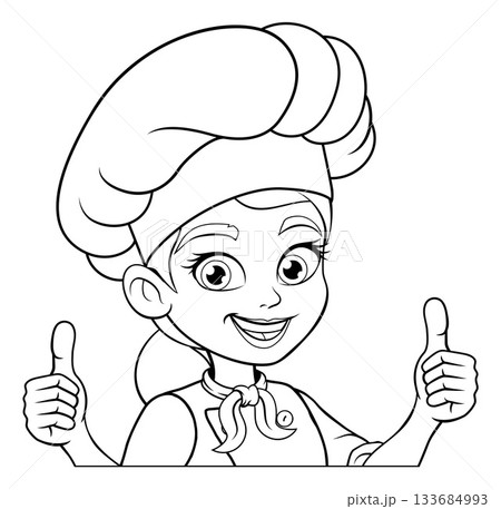 Smiling Cartoon Chef Woman with Double Thumbs Up 133684993