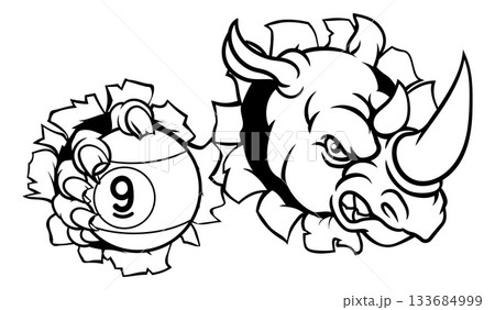 Rhino and 9 Ball Nine Ball Pool Cartoon Mascot Rhino and 9 Ball Nine Ball Pool Cartoon Mascot 133684999