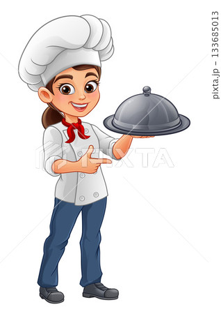Cartoon Female Chef Pointing with Serving Platter 133685013