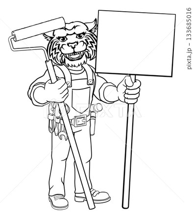 Wildcat Painter Decorator Paint Roller Mascot Man 133685016