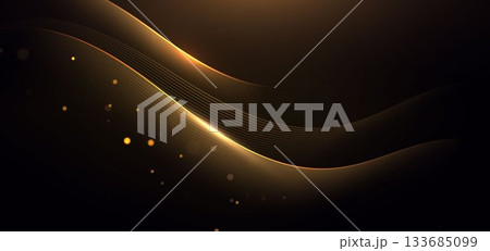 Luxury gold wave lines on dark background with lighting effect. 133685099