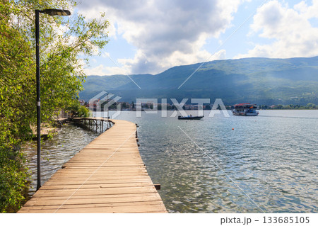 The wooden Bridge of Wishes along the Ohrid lake in Ohrid, North Macedonia 133685105