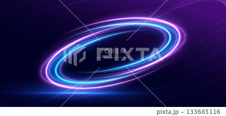 Blue and purple neon ring on dark background. Technology futuristic magic light concept. 133685116