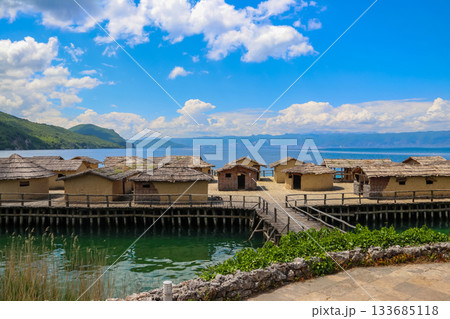 Museum on water, Bay of Bones, prehistoric pile-dwelling, recreation of a bronze age settlement on Lake Ohrid, North Macedonia 133685118