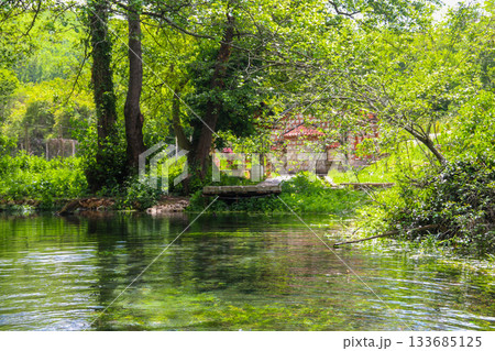 Saint Petka church near Sveti Naum monastery on Lake Ohrid, North Macedonia. Springs of the Black Drim river on a foreground Saint Petka church near Sveti Naum monastery on Lake Ohrid, North Macedonia. Springs of the Black Drim river on a foreground 133685125