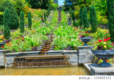 Italian flower water stairs on the island of flowers Mainau on Lake Constance, Germany Italian flower water stairs on the island of flowers Mainau on Lake Constance, Germany 133685155