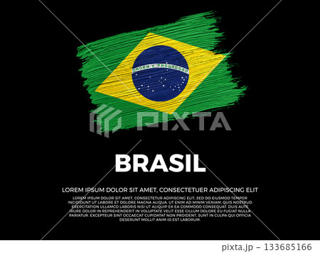 Flag of Brasil. Brazilian and American Culture. Vibrant, textured brushstroke effect style. Black background with copy space. Dramatic composition in negative space. 133685166