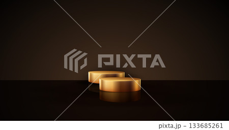 Gold cylinder podium. Golden Luxury Podium in the Dark Room for mockup products, promotion display. Black Studio Scene Background. Vector illustration 133685261
