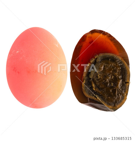 Peeled century eggs on a white background Peeled century eggs on a white background 133685315