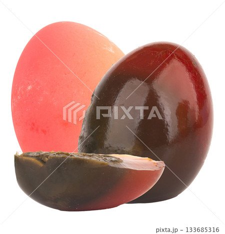 Peeled century eggs on a white background Peeled century eggs on a white background 133685316