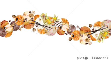 Creme brulee chocolate chips ice cream scoops with vanilla flower pods, orange slices, nuts. Isolated seamless banner border hand drawn in watercolor. Sweet dessert decor, printable card, event flyer. 133685464