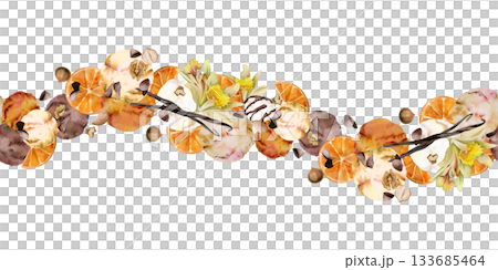 Creme brulee chocolate chips ice cream scoops with vanilla flower pods, orange slices, nuts. Isolated seamless banner border hand drawn in watercolor. Sweet dessert decor, printable card, event flyer. Creme brulee chocolate chips ice cream scoops with vanilla flower pods, orange slices, nuts. Isolated seamless banner border hand drawn in watercolor. Sweet dessert decor, printable card, event flyer. 133685464