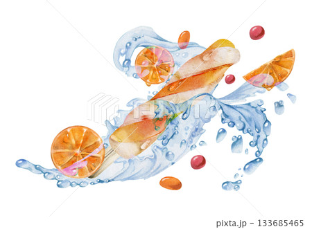 Bright orange popsicle ice cream stick with fresh citrus slices, splashing water waves, droplets. Isolated illustration hand drawn in watercolor. Juice bar label, kids treats, refreshing summer ad 133685465