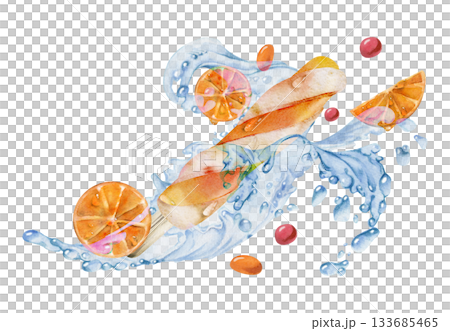 Bright orange popsicle ice cream stick with fresh citrus slices, splashing water waves, droplets. Isolated illustration hand drawn in watercolor. Juice bar label, kids treats, refreshing summer ad Bright orange popsicle ice cream stick with fresh citrus slices, splashing water waves, droplets. Isolated illustration hand drawn in watercolor. Juice bar label, kids treats, refreshing summer ad 133685465
