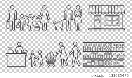 People, family, shopping, pictogram, line drawing icon set 133685476