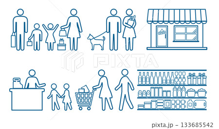 人　家族　買い物　ピクトグラム　線画アイコンセット 133685542