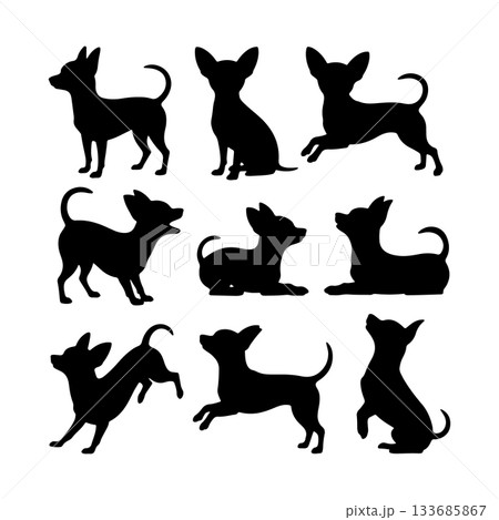 Various silhouettes of Chihuahuas in playful poses, showcasing their lively nature and charm 133685867