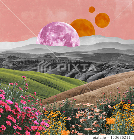 Surreal landscape with colorful clouds and unique celestial bodies over rolling hills and vibrant flowers in a dreamlike setting Surreal landscape with colorful clouds and unique celestial bodies over rolling hills and vibrant flowers in a dreamlike setting 133686211