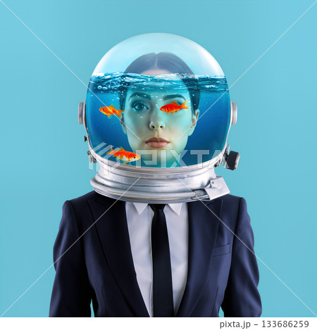 Woman in suit with aquarium helmet and goldfish swimming in water, showcasing a unique blend of nature and technology 133686259