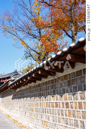 紅葉の時期に大人気の石垣の通り美しい風景 133686547