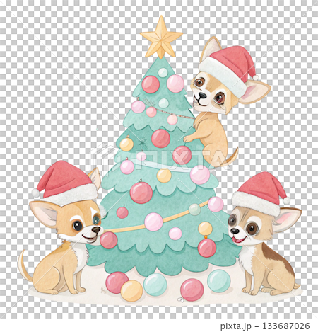 A group of adorable puppies of various breeds gathered happily in front of a decorated Christmas tree 133687026