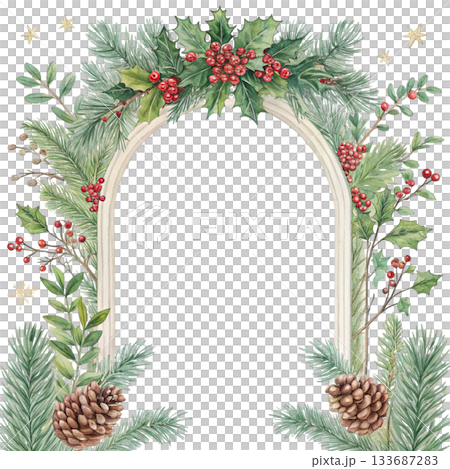 Elegant Christmas botanical frame with an arched center cutout 133687283
