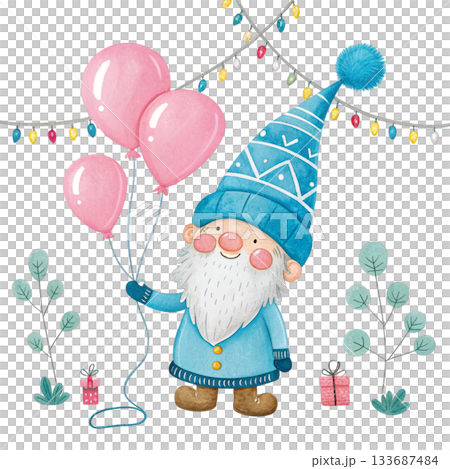 Gnome holding two heart balloons 133687484