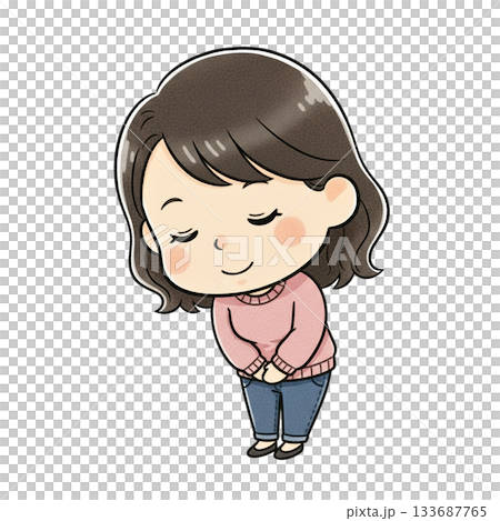 おじぎをする女性キャラクターのイラスト(丁寧なお辞儀・謝罪・挨拶) おじぎをする女性キャラクターのイラスト(丁寧なお辞儀・謝罪・挨拶) 133687765