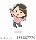 喜んでジャンプする女性キャラクターのイラスト（嬉しい・成功・達成） 133687770