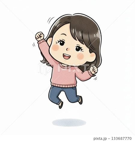 喜んでジャンプする女性キャラクターのイラスト（嬉しい・成功・達成） 133687770