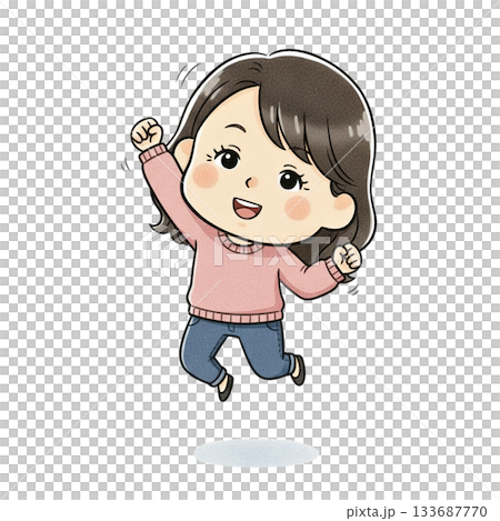喜んでジャンプする女性キャラクターのイラスト（嬉しい・成功・達成） 133687770