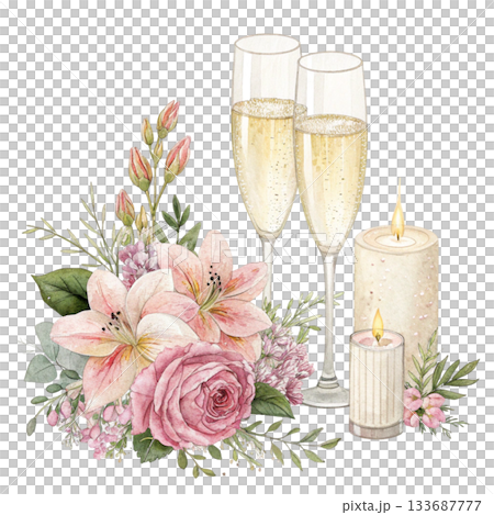 Two elegant champagne glasses with delicate reflections surrounded by the world most beautiful flowers in full bloom soft glowing candles 133687777