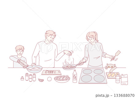 Happy family with kid cooking food in kitchen together Happy family with kid cooking food in kitchen together 133688070