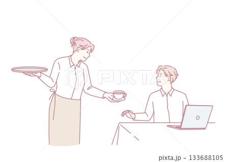 Smiling waitress serving coffee to male customer 133688105