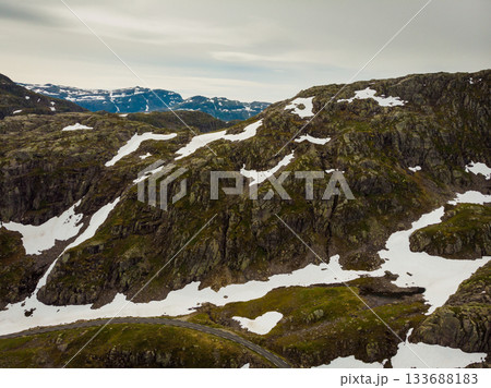 Aerial view. Road and lakes in mountains Norway 133688183