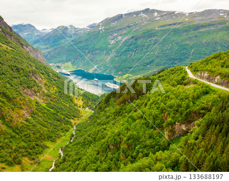 Fjord Geirangerfjord with ferry boat, Norway. 133688197