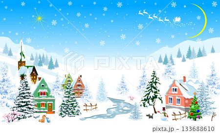 A village on a winter night on Christmas Eve 133688610