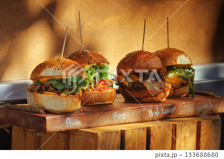 Assorted gourmet burgers at Karlin food festival Assorted gourmet burgers at Karlin food festival 133688680