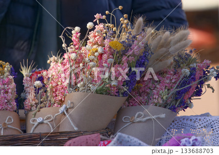 Colorful dried flower bouquets at farmers market in Prague 133688703