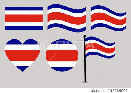 Costa Rica National Flag Set Waving, Heart, and Circle Shapes. 133689001