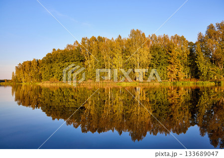 Tranquil River Reflections of Autumn Trees 133689047