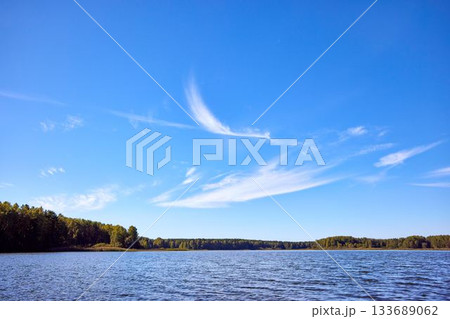 Serene Riverbank Scene with Lush Greenery Serene Riverbank Scene with Lush Greenery 133689062